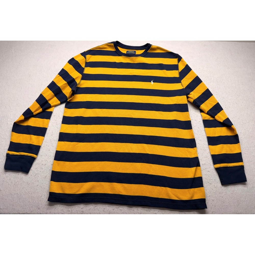 Polo Ralph Lauren Mens 2XL Waffle Knit Thermal Sleep Shirt Navy Yellow Striped